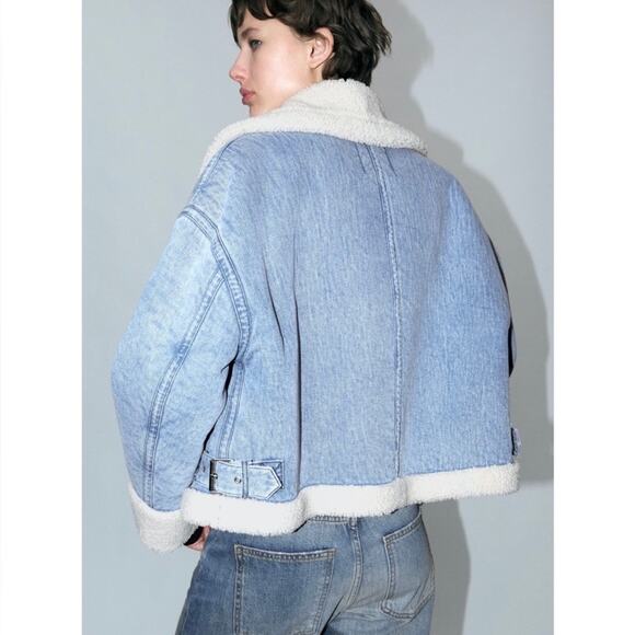ZARA NEW FAUX SHEARLING BIKER JACKET MOTO DENIM BLUE M MEDIUM 3548/250 - Picture 13 of 16